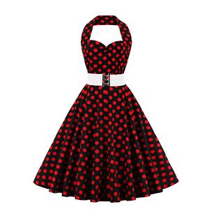 Retro Dresses for Women 1960, Vintage Dresses 1950's, Vintage Dress for Women, Backless Black Dresses for Women, Sexy Summer Halter Dresses for Women, Vintage Red Wave Point Printing Black Hanging Neck Backless Holiday Cocktail Party Midi Dress #N23005
