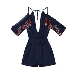 Women's Blue Deep V Cold Shoulder Flower Embroidery Casual Rompers N14970