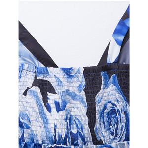 Women's Blue Deep V Sleeveless Floral Print Asymmetric Plus Size Dress N15800