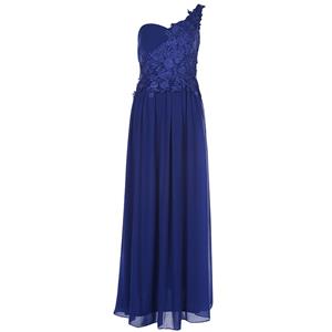 Women's Blue One Shoulder Sleeveless Appliques Chiffon Ankle-length Evening Gowns N15873