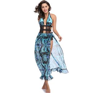 Sexy Halter Strappy Cut Out Plant Print Swimsuit &Cover Up BK12617