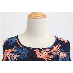 Deep Blue Women's Retro Round Neckline Sleeveless Floral Totem Printed Swing Summer Day Dress N18822