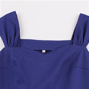 Fashion Vintage Blue Thick Shoulder Straps Color-block Patchwork Casual Swing Dress N15635