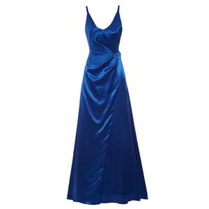 Women's Blue Sleeveless V Neck Bridesmaid Dress Long Prom Evening Gowns N15903