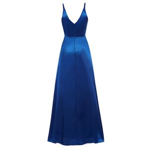Women's Blue Sleeveless V Neck Bridesmaid Dress Long Prom Evening Gowns N15903