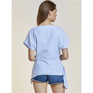 Women's Stylish Blue Stripe Round Neck Short Sleeve Blouse Tops N14871