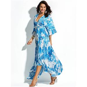 Women's Bohemia Style Blue V Neck Flare Sleeve Floral Print Falbala Maxi Dress N15453