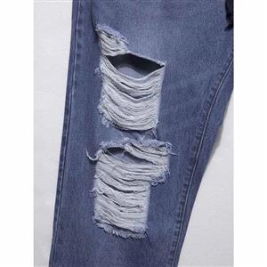 Women's Blue Worn Hole Elastic Loose Denim Plus Size Jean Pants N15731