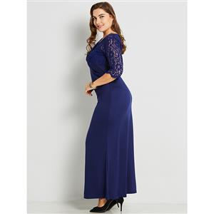Women's Blue Wrap V Neck 3/4 Sleeve Lace Patchwork Plus Size Maxi Dress N15770