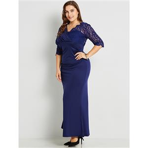 Women's Blue Wrap V Neck 3/4 Sleeve Lace Patchwork Plus Size Maxi Dress N15770
