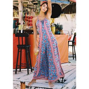 Fashion Blue Bohemia Style Floral Print Casual Holiday Beach Wide Legs?Jumpsuit N17273