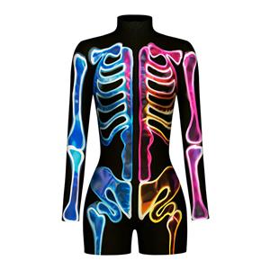 Multi Colored Bones 3D Printed High Neck Long Bodycon Jumpsuit Halloween Costume N22344