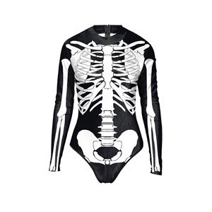 Scary 3D Printed White Bones Pattern High Neck Bodysuit Halloween Costume N18320