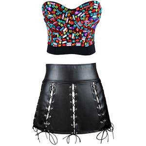 Sexy Colorful Gem Bra Top and Black Faux Leather Skirt Set N12716
