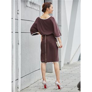 Women's Brown Elbow Sleeve Loose Style Casual Midi Dress N14292