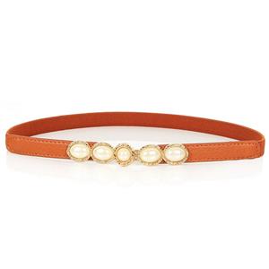 Women's Fashion Brown Leather Pearl Thin Waist Belt for Dresses Up N16936