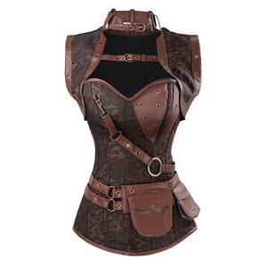 Sexy Halloween Corset, Steampunk Steel Boned Outerwear Corset, Cheap Jacquard Corset with Jacket, Vintage Brown Corset, #N11993
