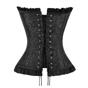 Steel Boned Black Jacquard Lace Trim Overbust Corset&Skirt Set N12774