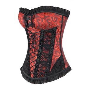 Steel Boned Red Jacquard Lace Trim Overbust Corset&Skirt Set N12773