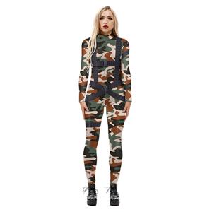 Camouflage Printed Jumpsuit, HalloweenCamouflage High Neck Slim Fit Bodysuit, Halloween Bodycon Jumpsuit, Long Sleeve High Neck Jumpsuit, HalloweenCamouflage Jumpsuit for Women, #N21250
