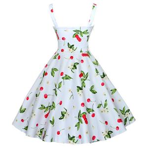 Charming 1950's White Vintage Cheery Print Casual Swing Dress N11497