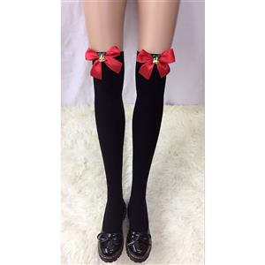 Christmas Pure Black French Maid Cosplay Red Bowknot with Bell Stockings HG18462