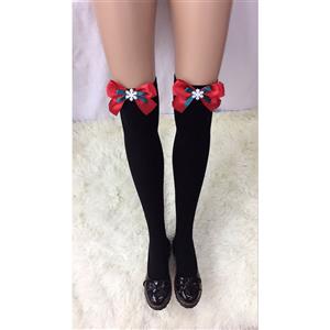 Christmas Pure Black French Maid Cosplay Red Bowknot with Snowflake Stockings HG18465