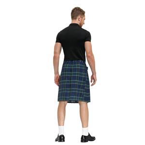 Men's Classic Blue Plaid Pleated Skirt Scottish Holiday Mid Waist Tartan Utility Kilt N20766