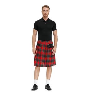 Men's Classic Red Plaid Pleated Skirt Scottish Holiday Mid Waist Tartan Utility Kilt N20767
