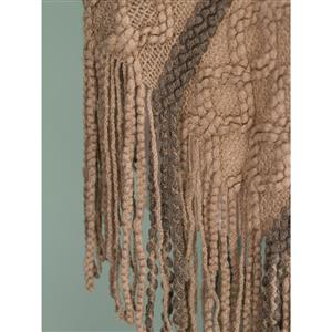 Women's Khaki V Neck Stripe Knitted Tassel Pullover Capes N15586