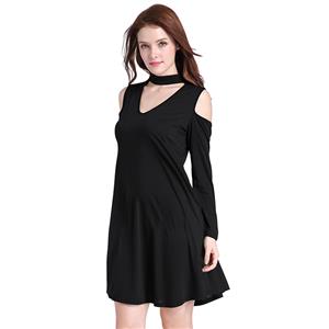 Women's Cold Shoulder Long Sleeve Choker T-shirt Dress N14497