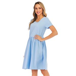 Simple Country Style Cotton Crew Neck Short Sleeve Frock Summer Day Knee-length Dress N19037