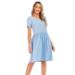 Simple Country Style Cotton Crew Neck Short Sleeve Frock Summer Day Knee-length Dress N19037