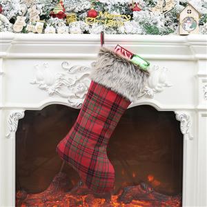 Cute Red Plaid Cloth Plush Christmas Socks Festival Ornament Accessory XT19830