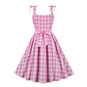 Vintage Pink Plaid Round Neck Bowknot High Waist Summer Party Swing Slip Dress N23396