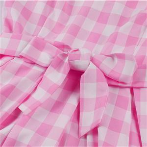 Vintage Pink Plaid Round Neck Bowknot High Waist Summer Party Swing Slip Dress N23396