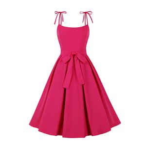 Vintage Rose Red Round Neck Bowknot High Waist Summer Party Swing Slip Dress N23489