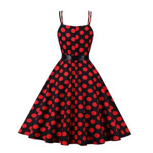 Black Print Red Wave Point Sleeveless High Waist Summer Party Swing Slip Dress N23014