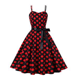 Black Print Red Wave Point Sleeveless High Waist Summer Party Swing Slip Dress N23014
