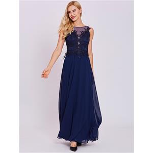Women's Dark-Blue Illusion Round Neck Sleeveless Appliques Evening Gowns N15875
