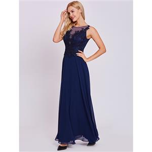 Women's Dark-Blue Illusion Round Neck Sleeveless Appliques Evening Gowns N15875