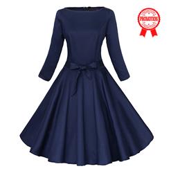 Classic 1950's Vintage Dark Blue Long Sleeves Casual Cocktail Party Dress N11638