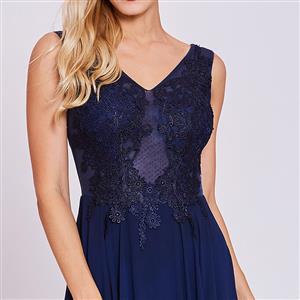 Women's Dark-Blue V Neck Sleeveless Appliques Lace Up Evening Gowns N15910