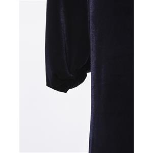 Womens Dark-Blue Velvet Cold Shoulder Plunging V Neck lantern Sleeve Maxi Dress N15708