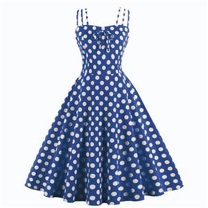 Sexy Dark-blue Vintage Strappy Polka Dot Printed Swing Summer Day Dress N22987