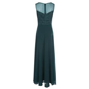 Women's  Dark-Green Illusion Round Neck Sleeveless Appliques Evening Gowns N15877
