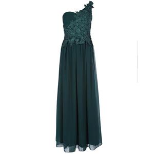 Women's Dark-Green One Shoulder Sleeveless Appliques Chiffon Ankle-length Evening Gowns N15874