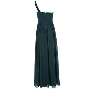 Women's Dark-Green One Shoulder Sleeveless Appliques Chiffon Ankle-length Evening Gowns N15874