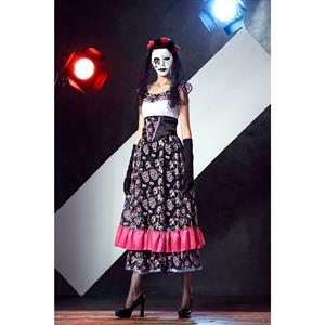 Day of Death Porcelain Doll Skull Print Dress Adult Halloween Costume N11693