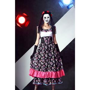 Day of Death Porcelain Doll Skull Print Dress Adult Halloween Costume N11693